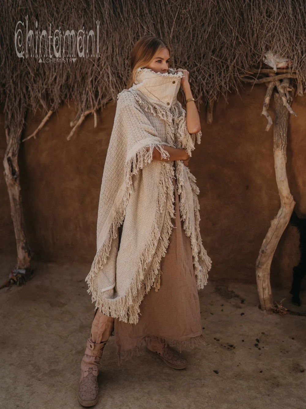 Chintamani Festival Cream Knit poncho